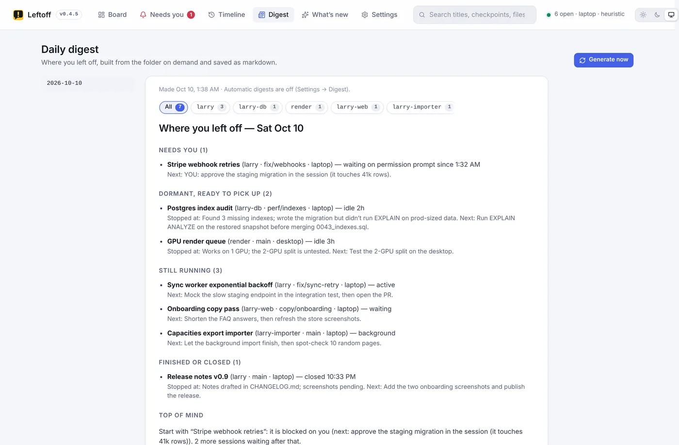 The Leftoff daily digest, listing where each session stopped and what's next, grouped by repo.