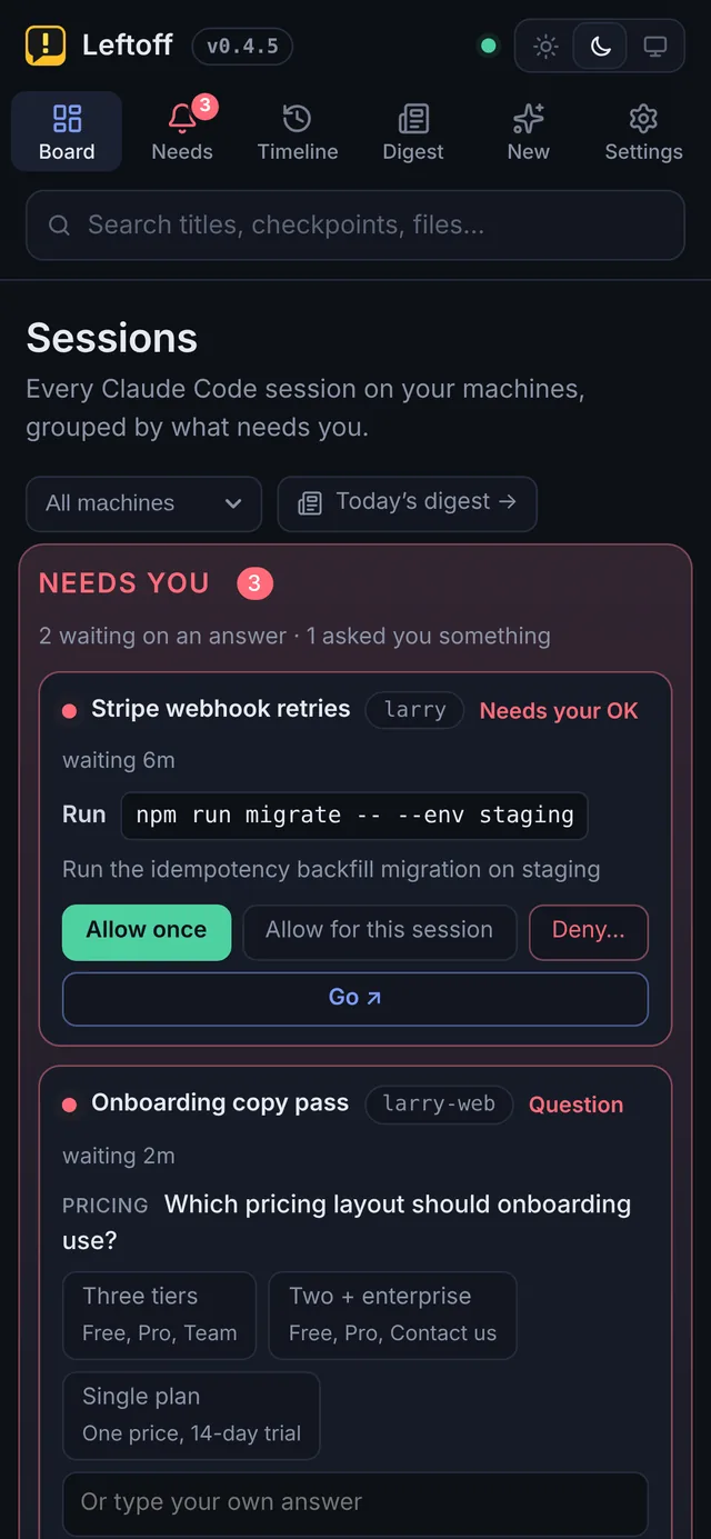The Leftoff board on an iPhone, showing a session that needs you with Allow buttons.