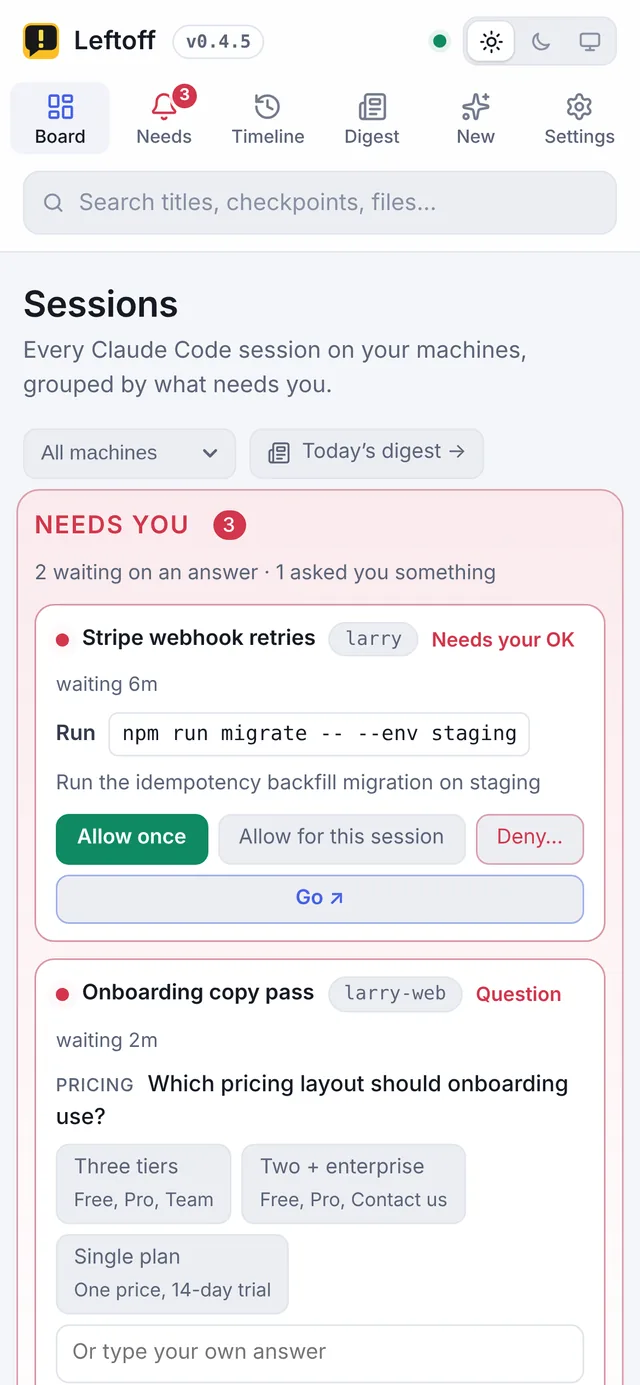 The Leftoff board on an iPhone, showing a session that needs you with Allow buttons.